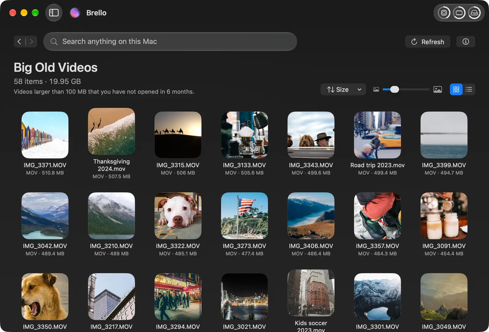 Big Old Videos: videos larger than 100 MB not opened in 6 months, largest first, each with its own picture.