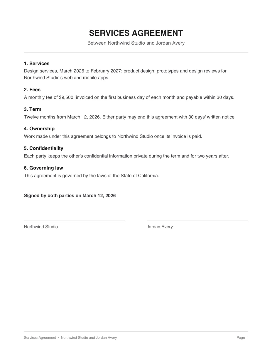 The first page of the signed services contract, as Quick Look shows it.