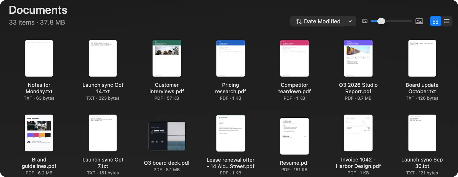 Home’s Documents on a sample Mac: PDFs and pages as previews of their first pages, each with its size.