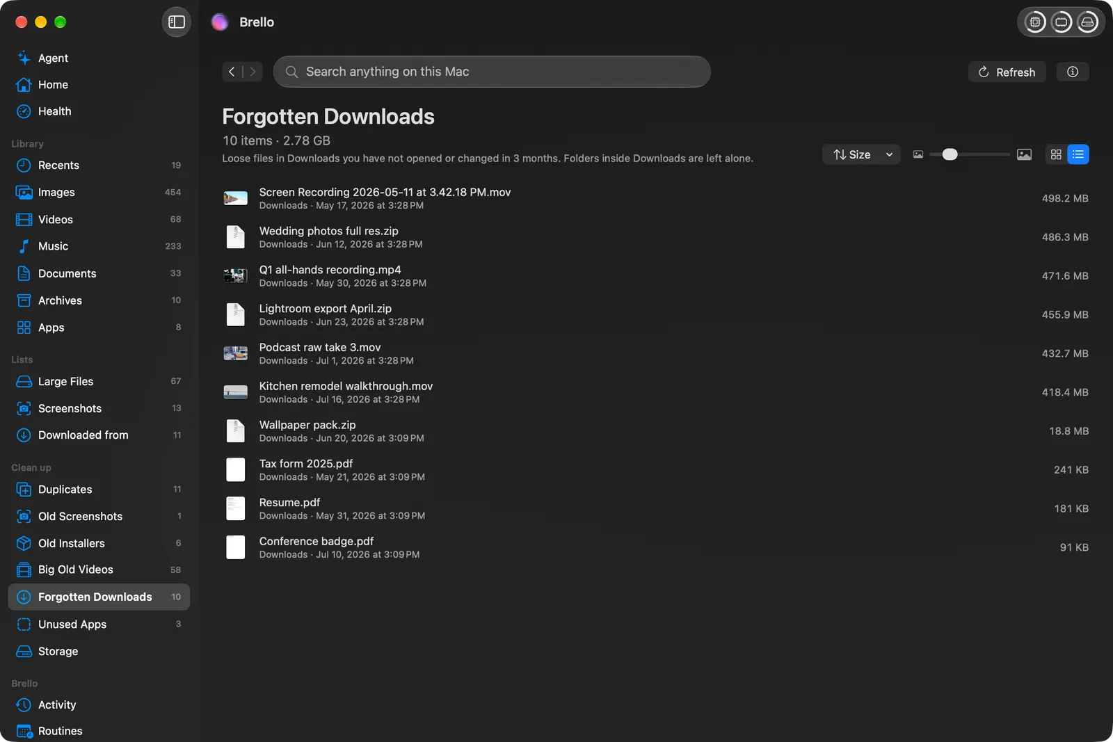 Forgotten Downloads: files in Downloads not opened or changed in three months, largest first, with their sizes.