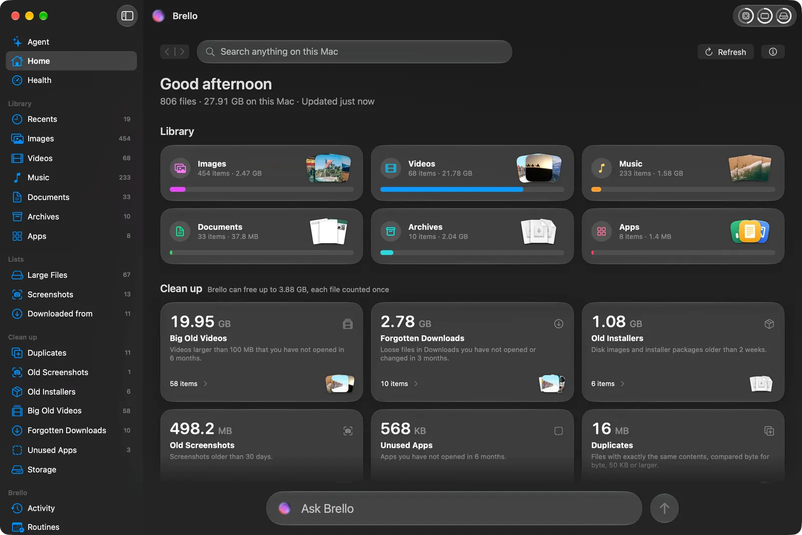 Brello’s Home on a sample Mac: Images, Videos, Music, Documents, Archives and Apps, each with its count and size, and Clean up with what could be cleared.