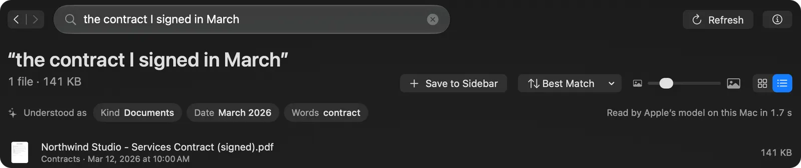Home’s search for “the contract I signed in March”, understood as kind Documents, date March 2026 and the word contract, with the signed services contract found.