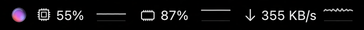 Brello’s icon in the menu bar with its readings as values and graphs: processor 55%, memory 87% and the network down at 355 KB/s.