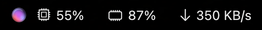 Brello’s icon in the menu bar with its readings as values: processor 55%, memory 87% and the network down at 350 KB/s.