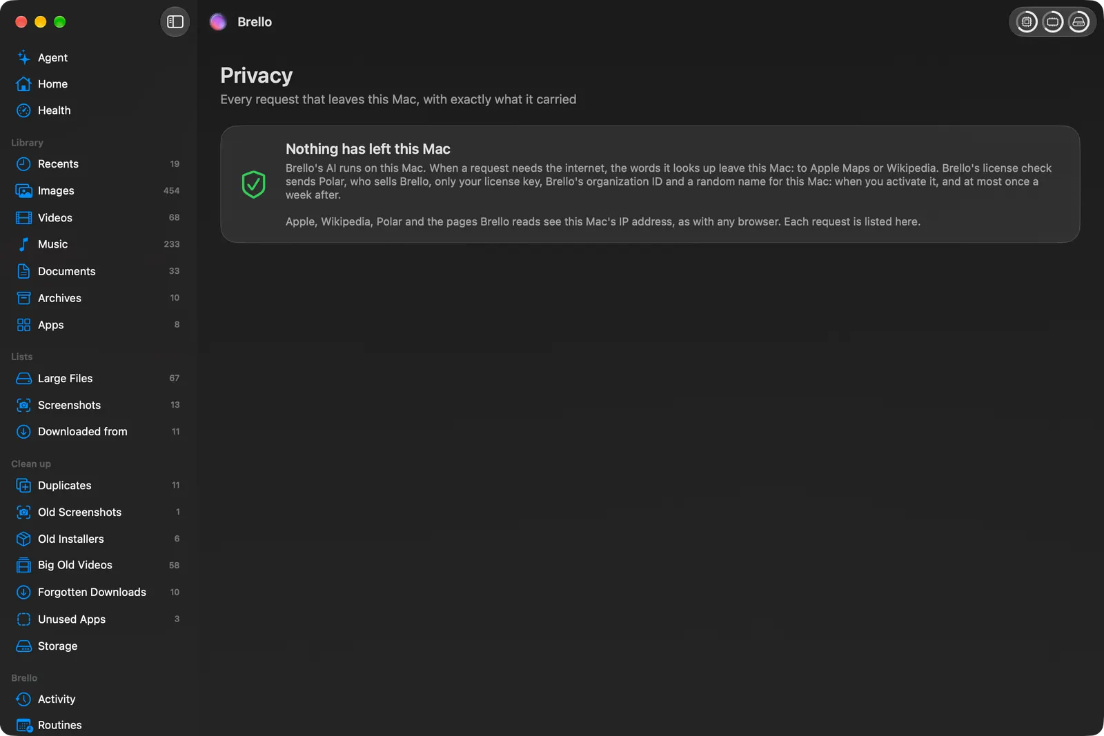Brello’s Privacy page on a new Mac, saying nothing has left this Mac, with the page’s own description of what would be listed