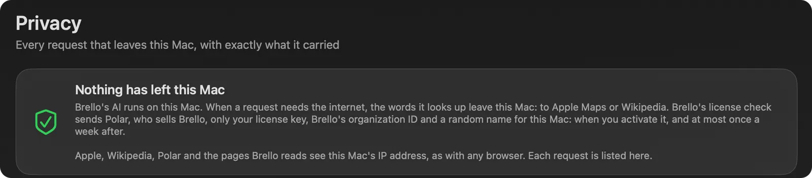 Brello's Privacy page on a new Mac: Nothing has left this Mac. The page says the words a lookup needs leave only to Apple Maps or Wikipedia, and the license check sends Polar only the license key, Brello's organization ID and a random name for the Mac, and that each request is listed there.