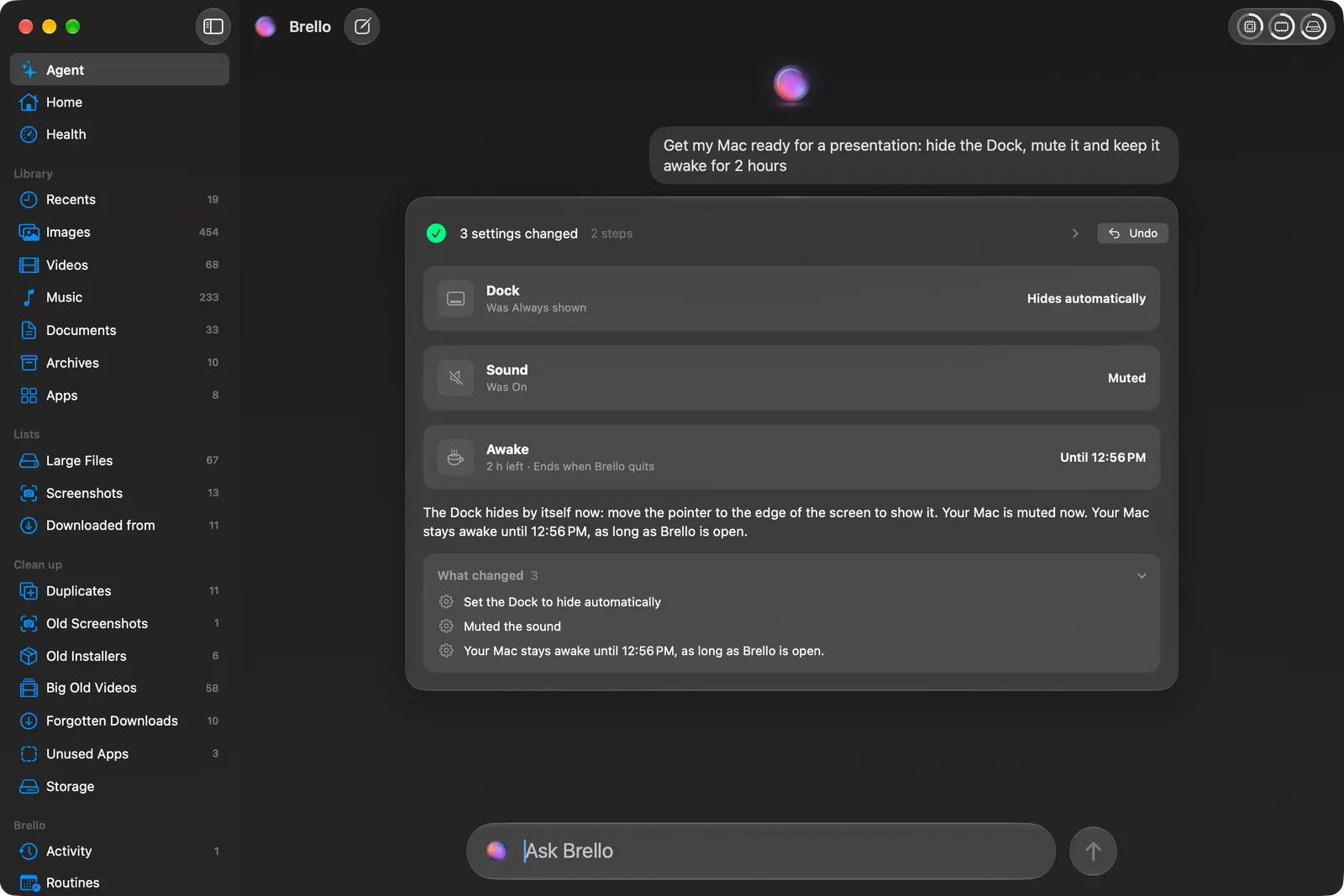 Brello after “Get my Mac ready for a presentation: hide the Dock, mute it and keep it awake for 2 hours”: 3 settings changed. The Dock hides automatically, was always shown; the sound is muted, was on; the Mac stays awake for 2 hours, until the time shown, ending when Brello quits. Each is read back from the Mac, with one Undo for all three.
