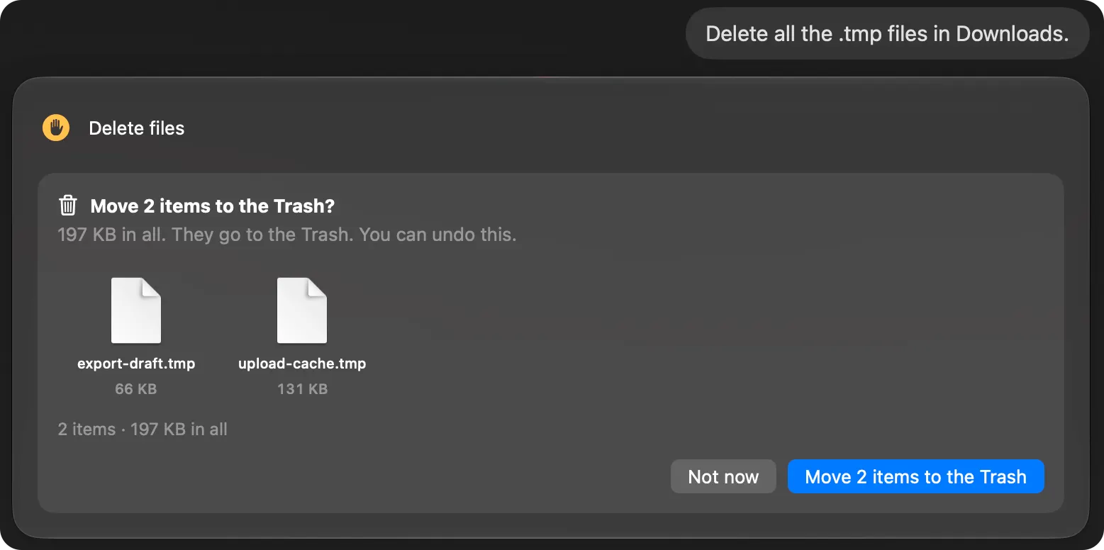 Brello asks: Move 2 items to the Trash? Both files are shown with their sizes, with They go to the Trash. You can undo this., Not now and Move 2 items to the Trash.