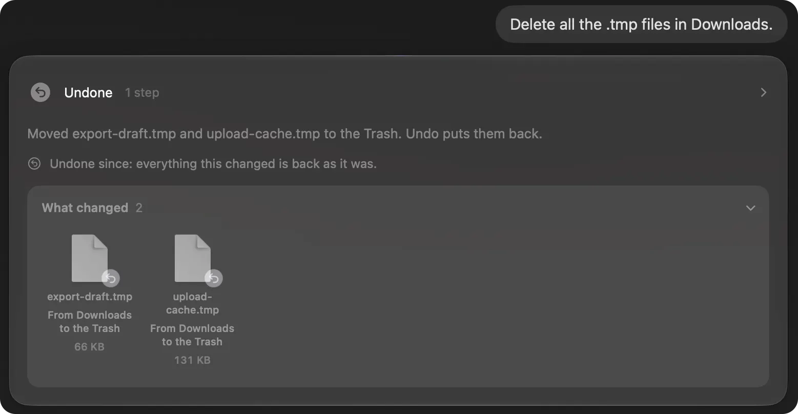 Undone: the two files are back from the Trash, and everything this changed is back as it was.