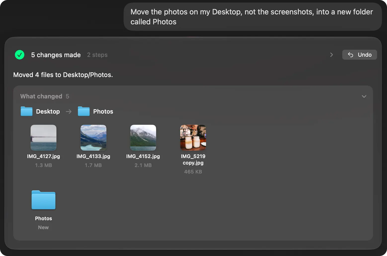 Brello after “Move the photos on my Desktop, not the screenshots, into a new folder called Photos”: moved 4 files to Desktop/Photos, each shown, with Undo.