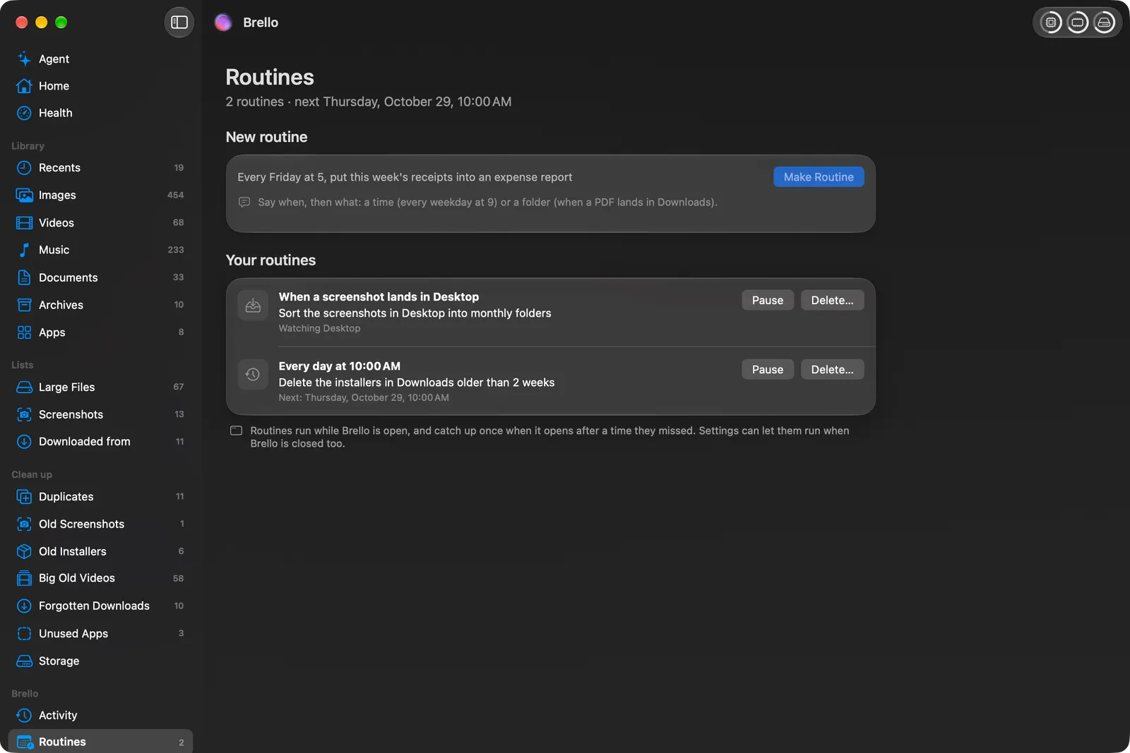 Routines with both tidy rules on: screenshots sorted into a folder for their month as they land, and old installers in Downloads asked about every day at 10:00 AM.