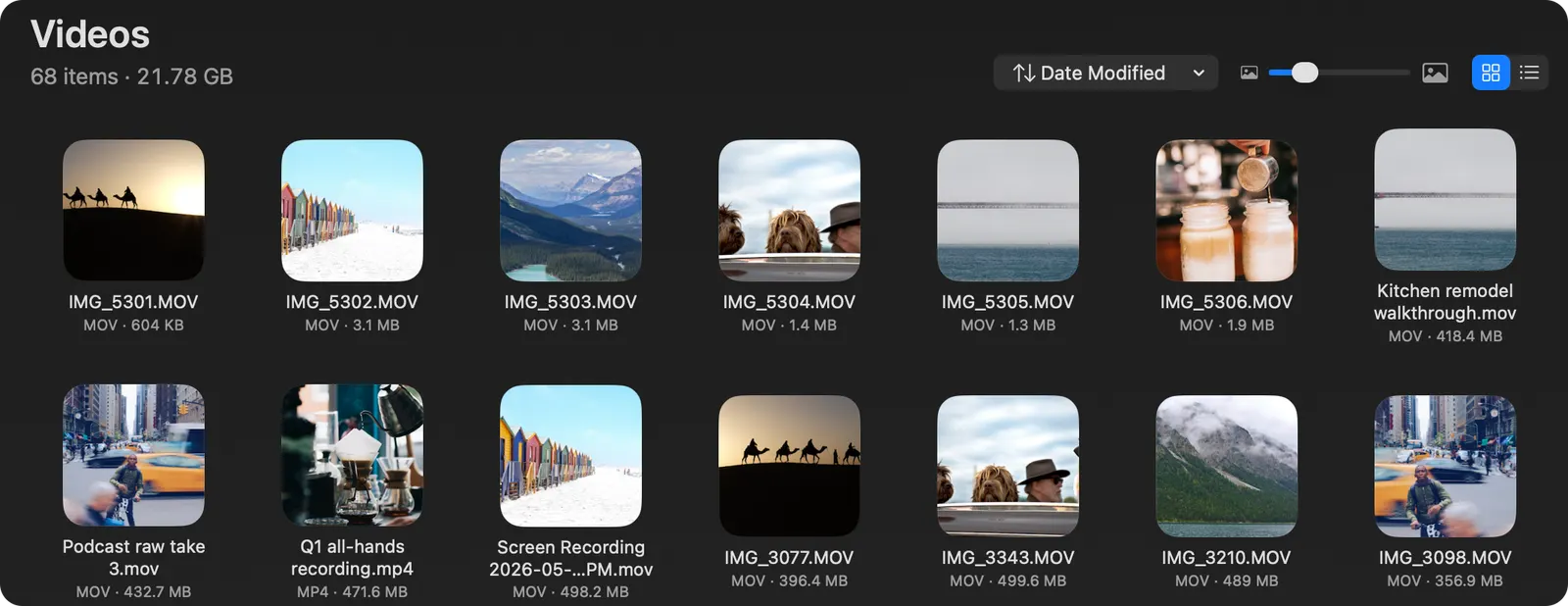 Home’s Videos on a sample Mac: each video with a frame from it, its kind and size.
